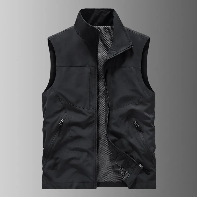 Men's casual stand collar printed vest in army green polyester loose fit