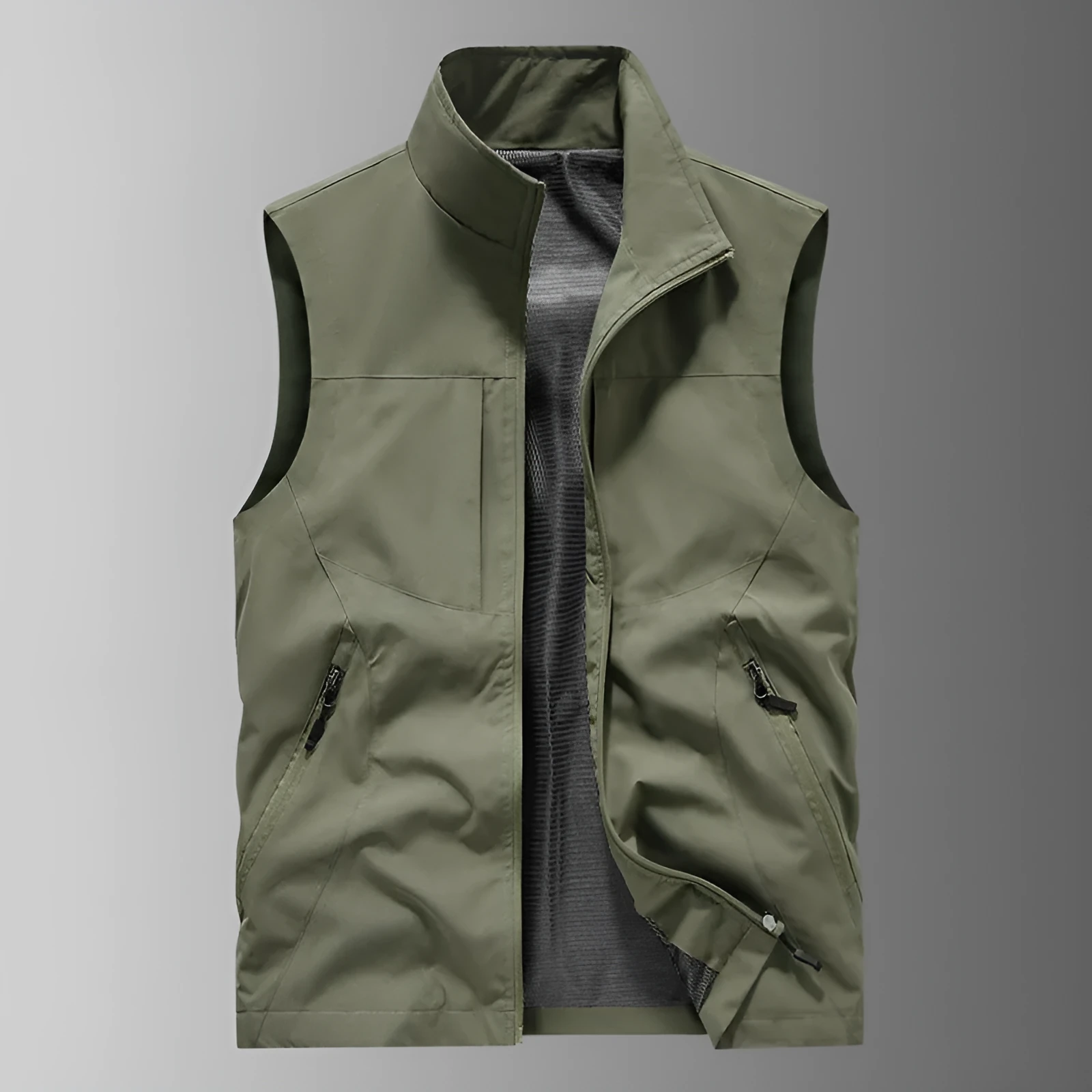Men's casual stand collar printed vest in army green polyester loose fit