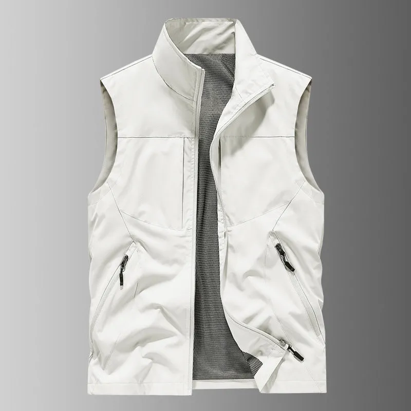 Men's casual stand collar printed vest in army green polyester loose fit