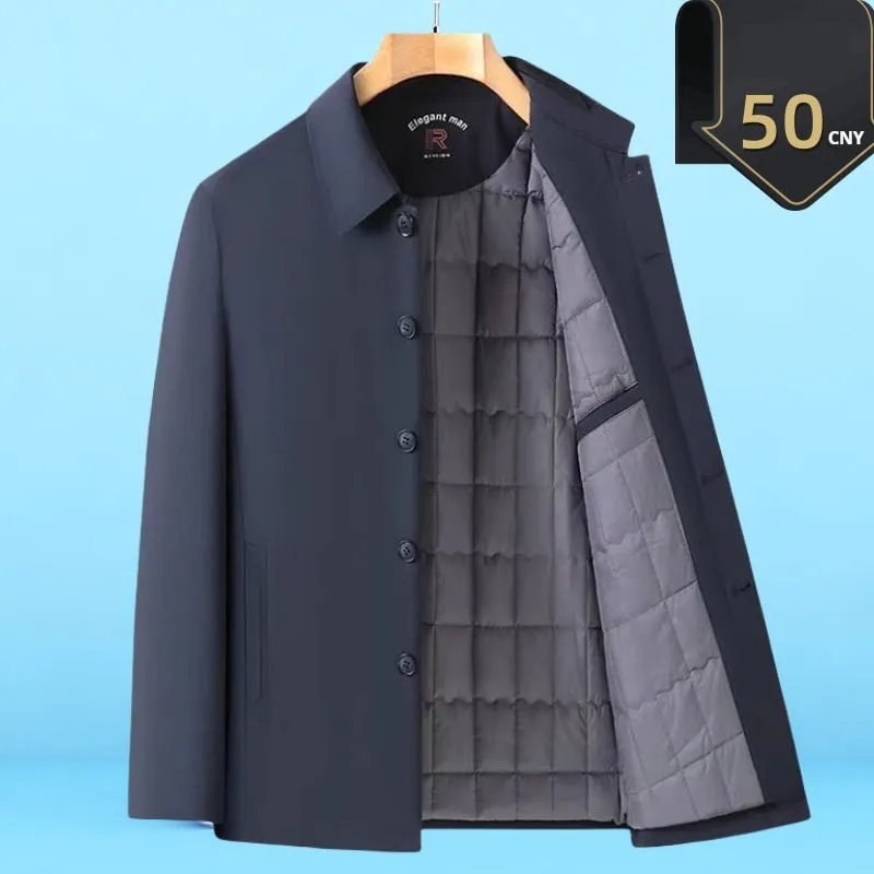 Men's padded thick nylon coat in black with zipper and button closure, front view, on white background