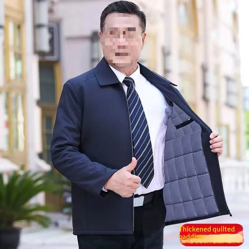 Men's padded thick nylon coat in black with zipper and button closure, front view, on white background