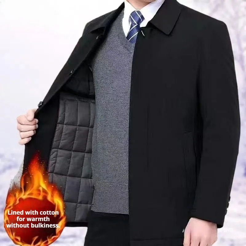 Men's padded thick nylon coat in black with zipper and button closure, front view, on white background