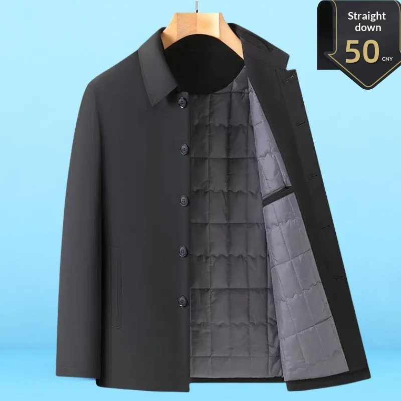 Men's padded thick nylon coat in black with zipper and button closure, front view, on white background