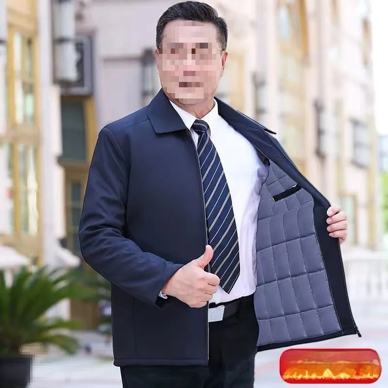 Men's padded thick nylon coat in black with zipper and button closure, front view, on white background