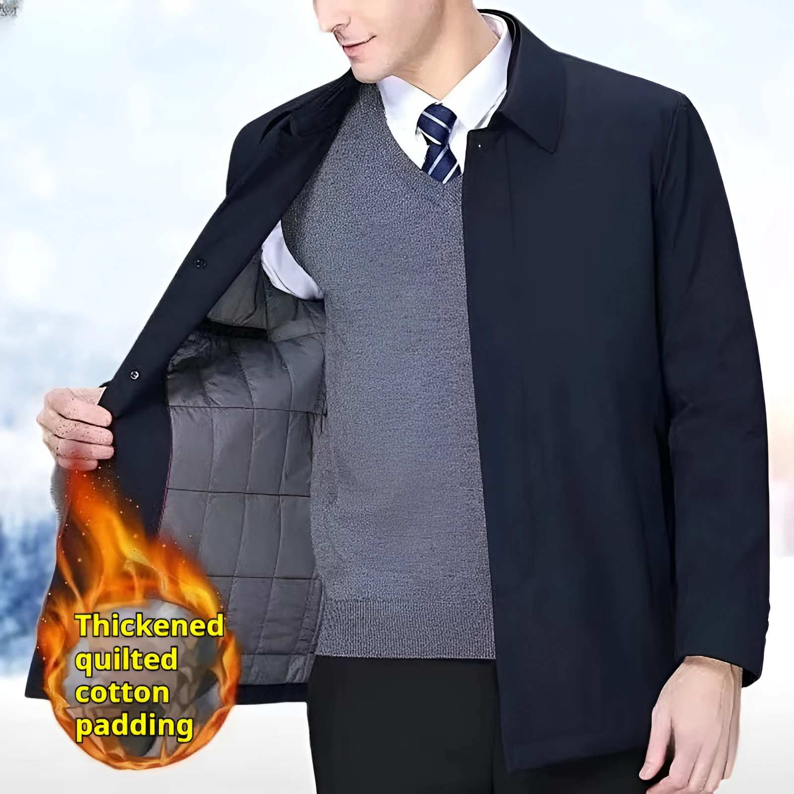 Men's padded thick nylon coat in black with zipper and button closure, front view, on white background