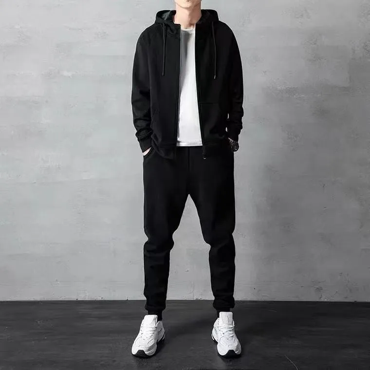 Men's loose zip-up hoodie sweater set in cotton available in black and gray