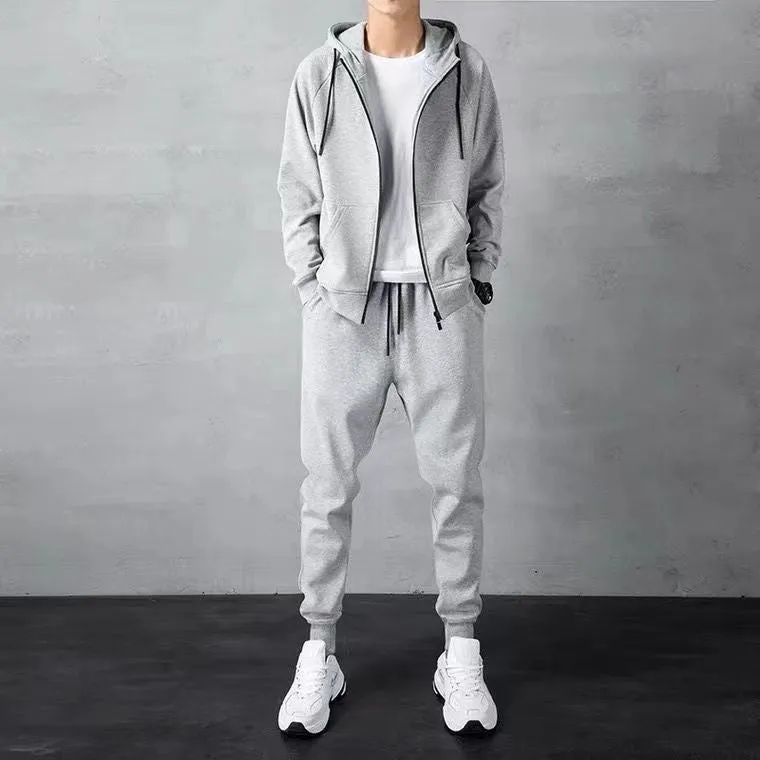 Men's loose zip-up hoodie sweater set in cotton available in black and gray