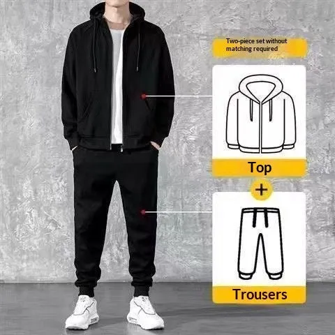Men's loose zip-up hoodie sweater set in cotton available in black and gray