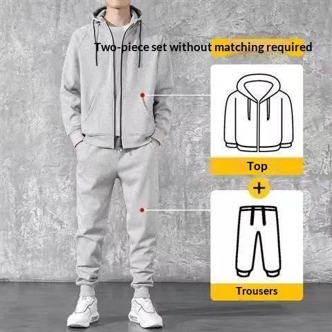 Men's loose zip-up hoodie sweater set in cotton available in black and gray