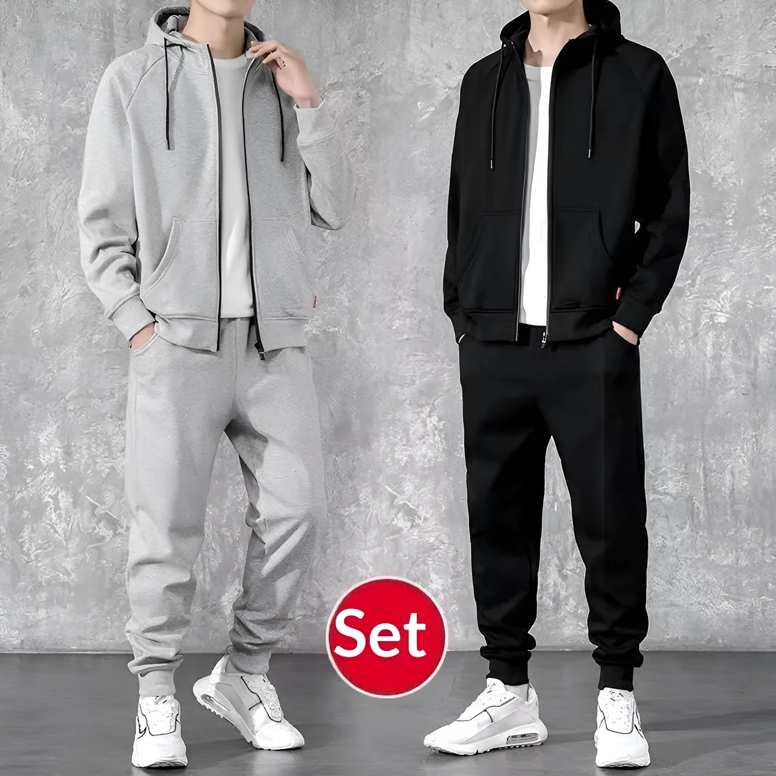 Men's loose zip-up hoodie sweater set in cotton available in black and gray
