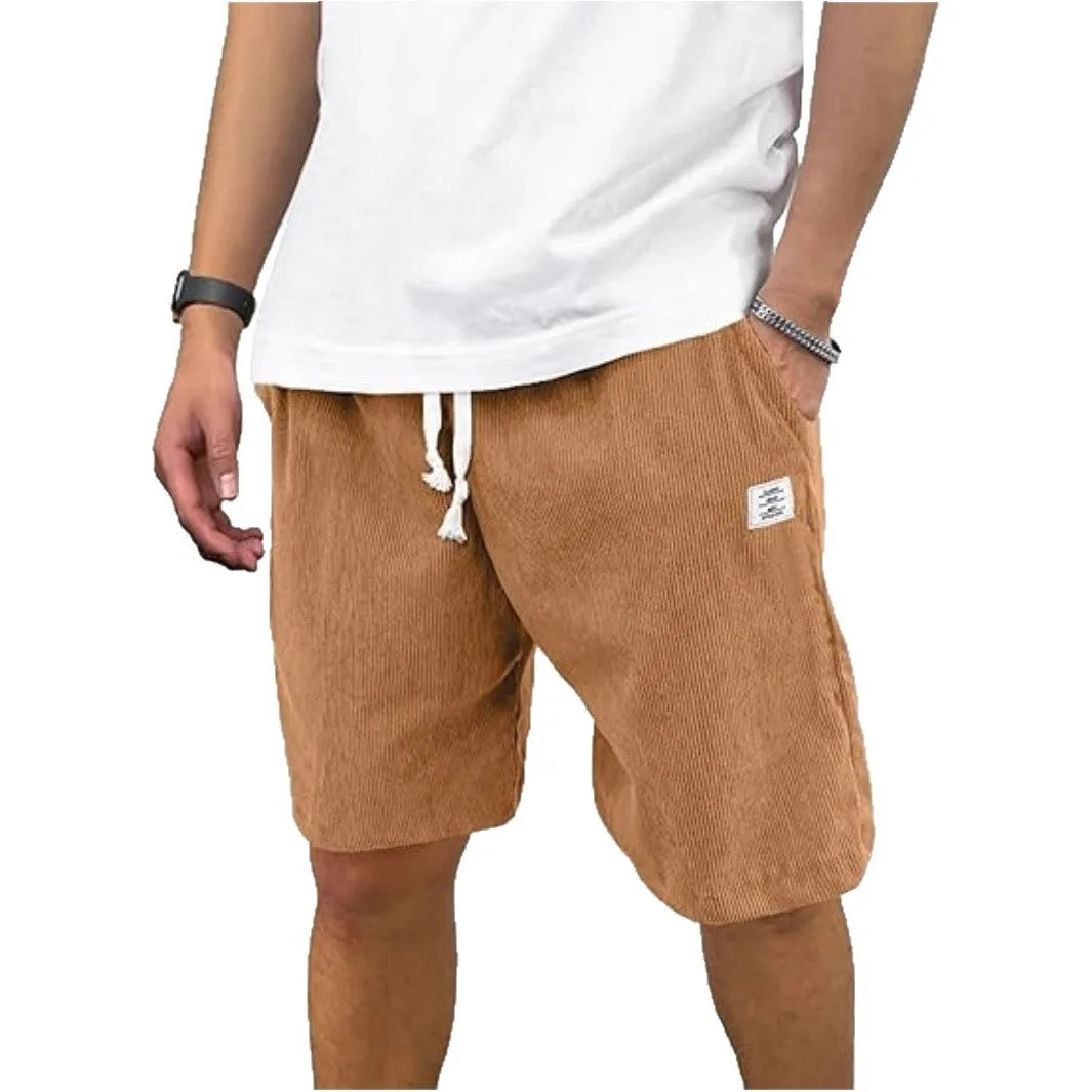 Men's straight-leg corduroy sports shorts in army green colour, showing texture and fit.