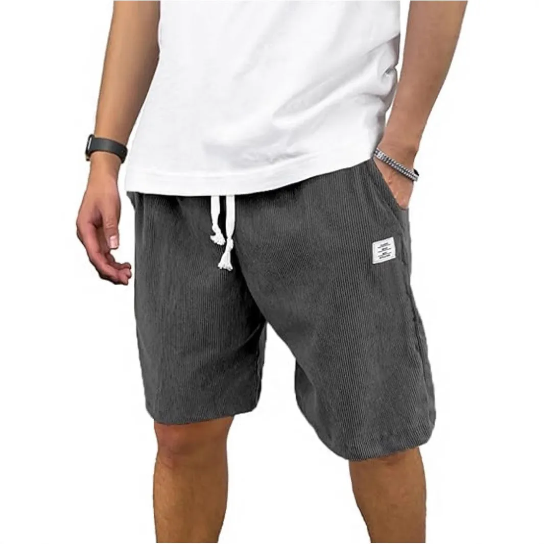 Men's straight-leg corduroy sports shorts in army green colour, showing texture and fit.