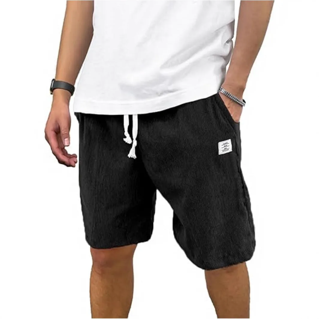 Men's straight-leg corduroy sports shorts in army green colour, showing texture and fit.