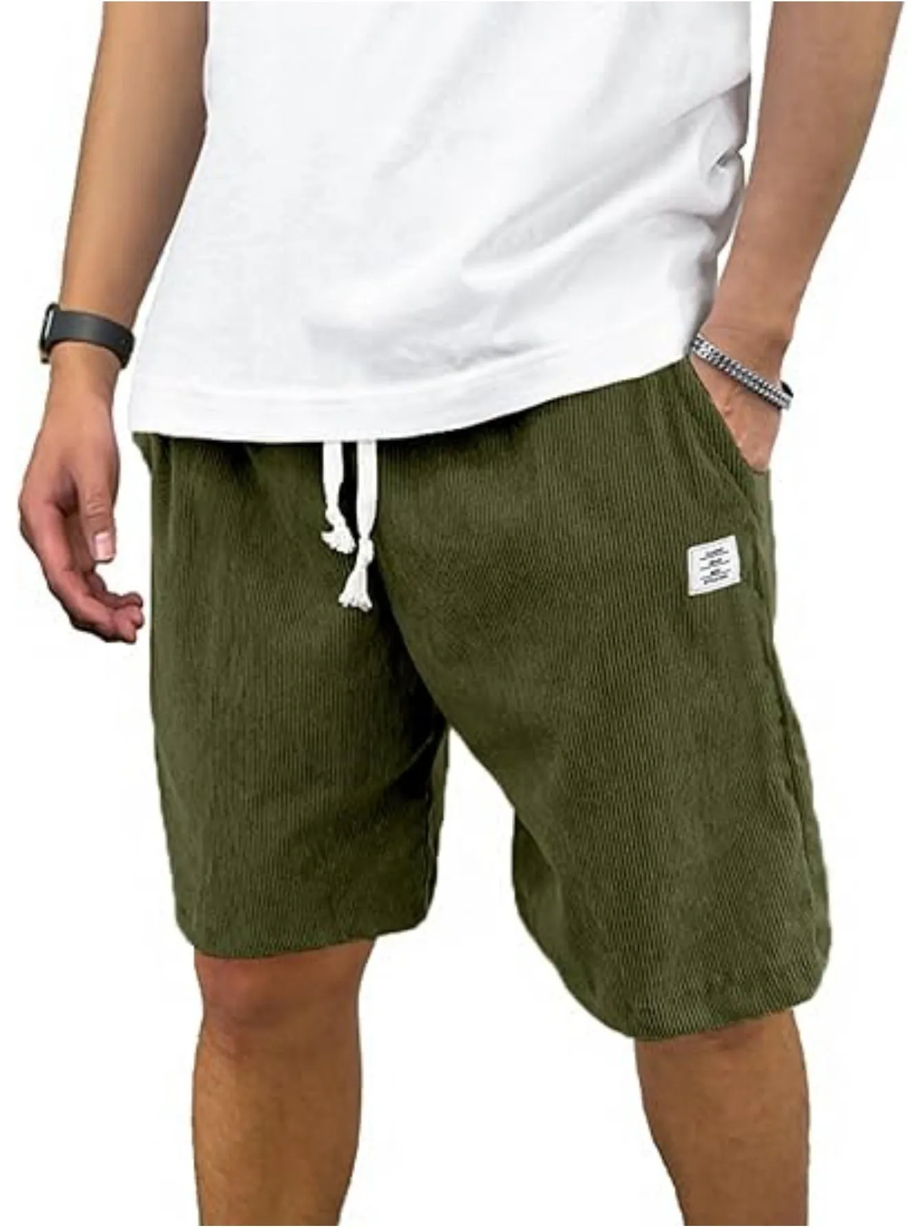 Men's straight-leg corduroy sports shorts in army green colour, showing texture and fit.
