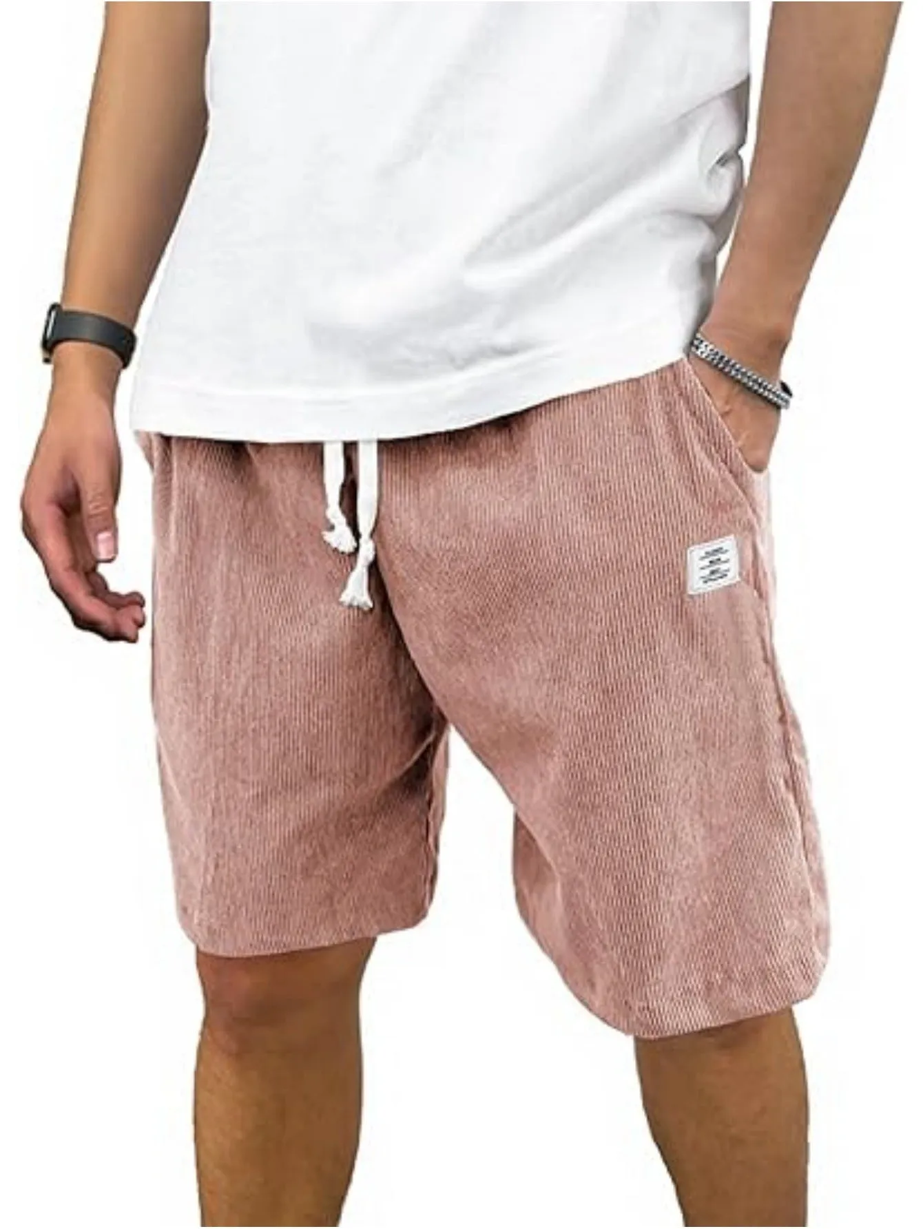 Men's straight-leg corduroy sports shorts in army green colour, showing texture and fit.