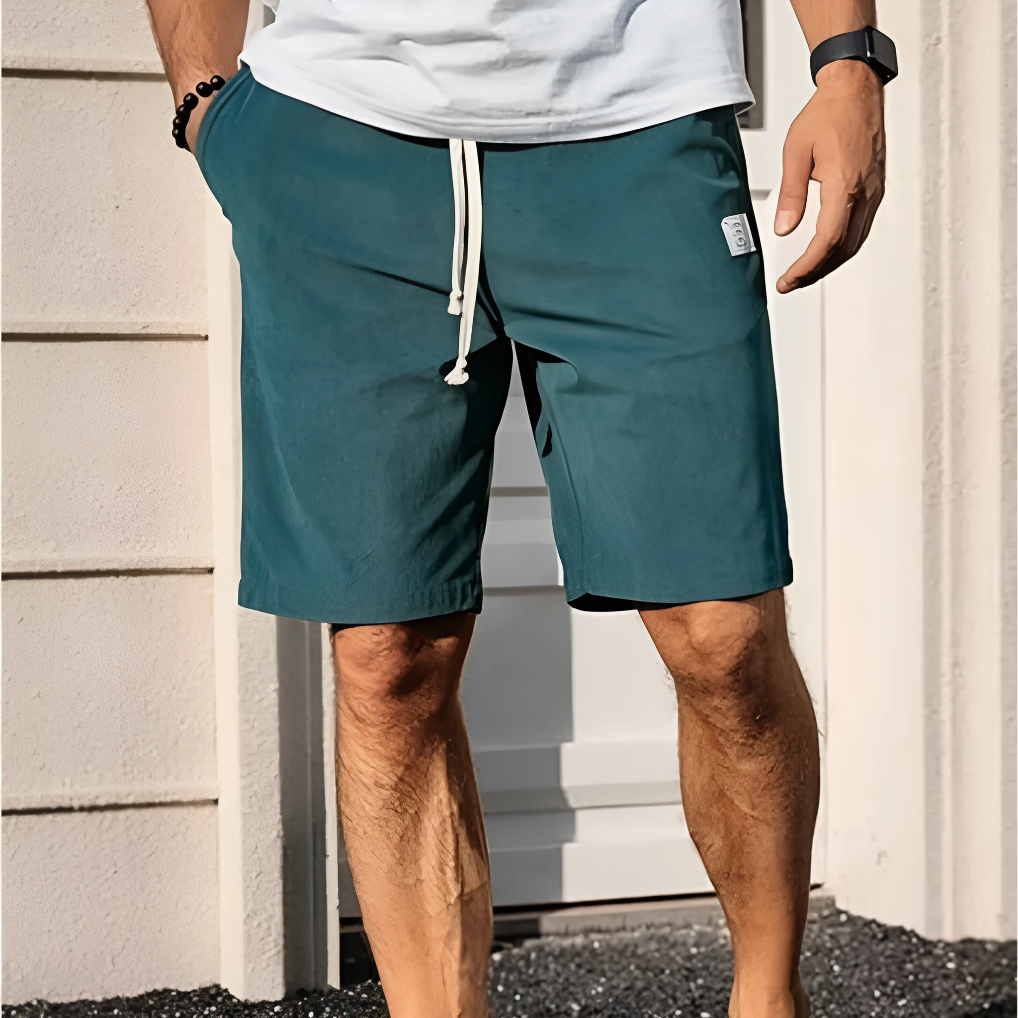 Men's straight-leg corduroy sports shorts in army green colour, showing texture and fit.