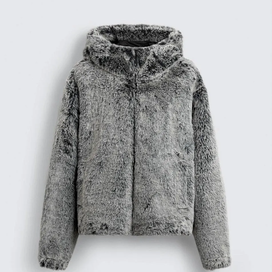 Grey green hooded faux fur jacket coat for men with side pockets and tie-dye pattern