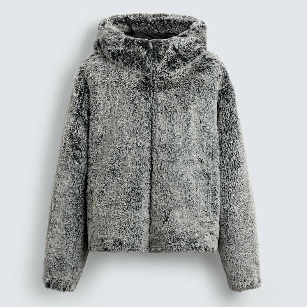 Grey green hooded faux fur jacket coat for men with side pockets and tie-dye pattern