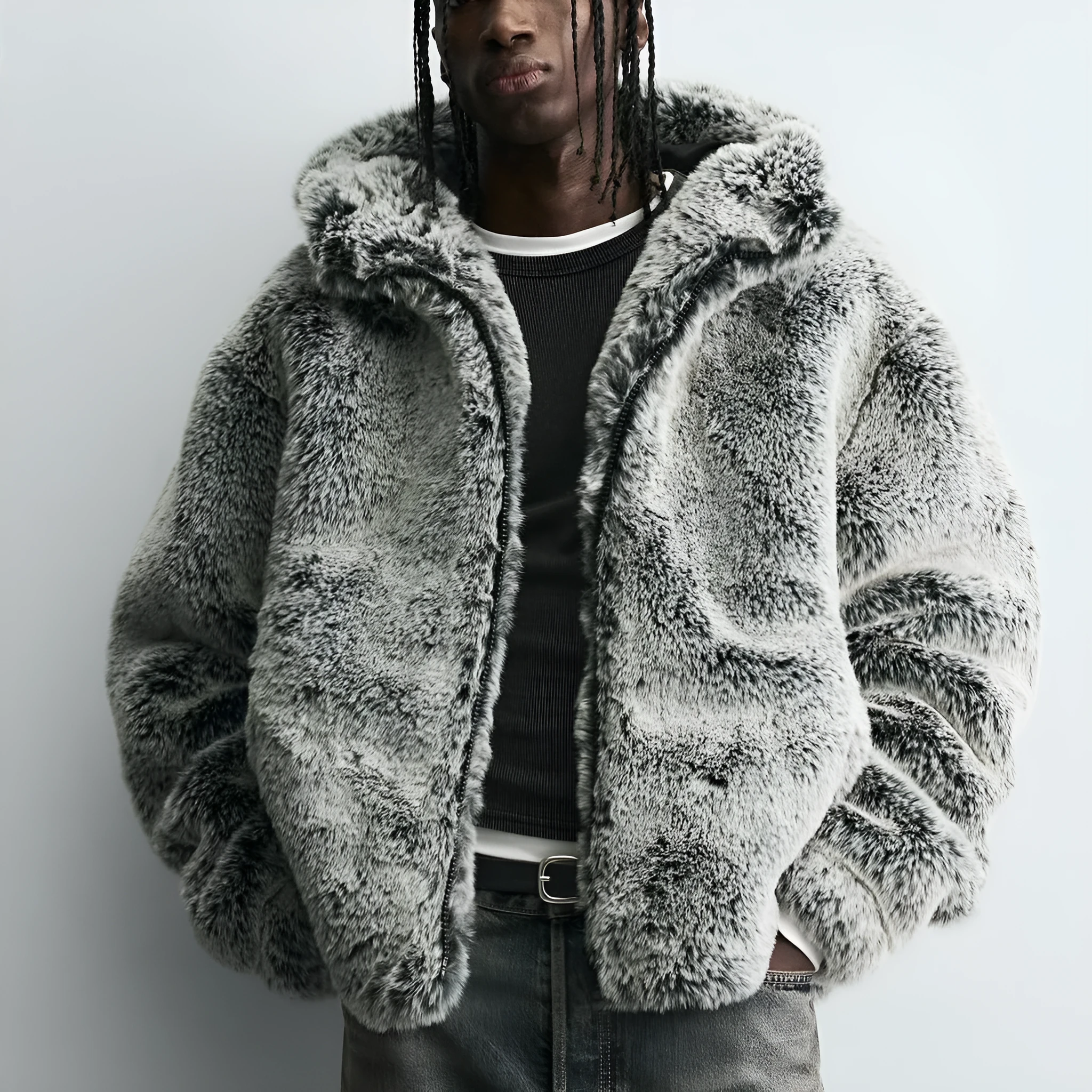 Grey green hooded faux fur jacket coat for men with side pockets and tie-dye pattern
