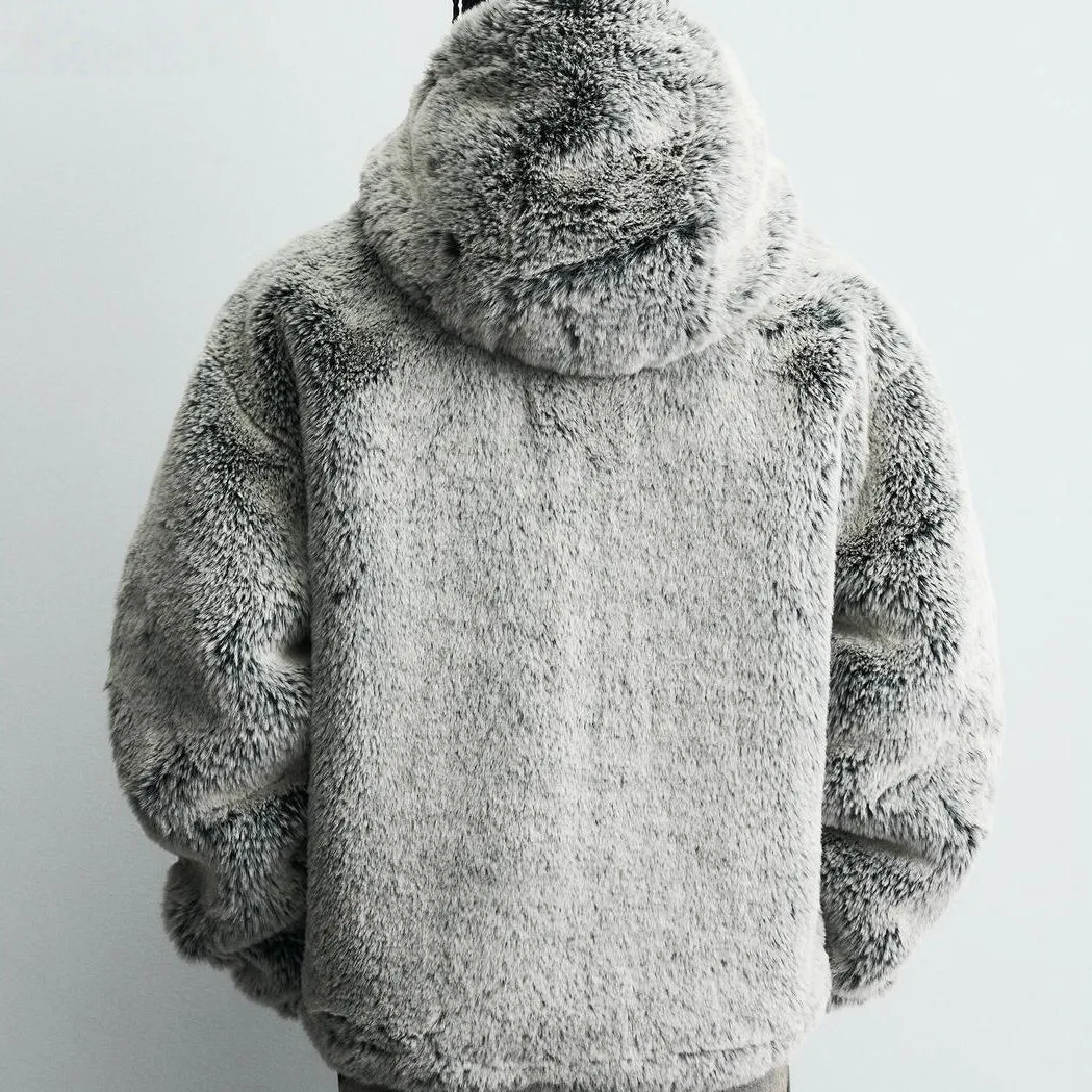 Grey green hooded faux fur jacket coat for men with side pockets and tie-dye pattern