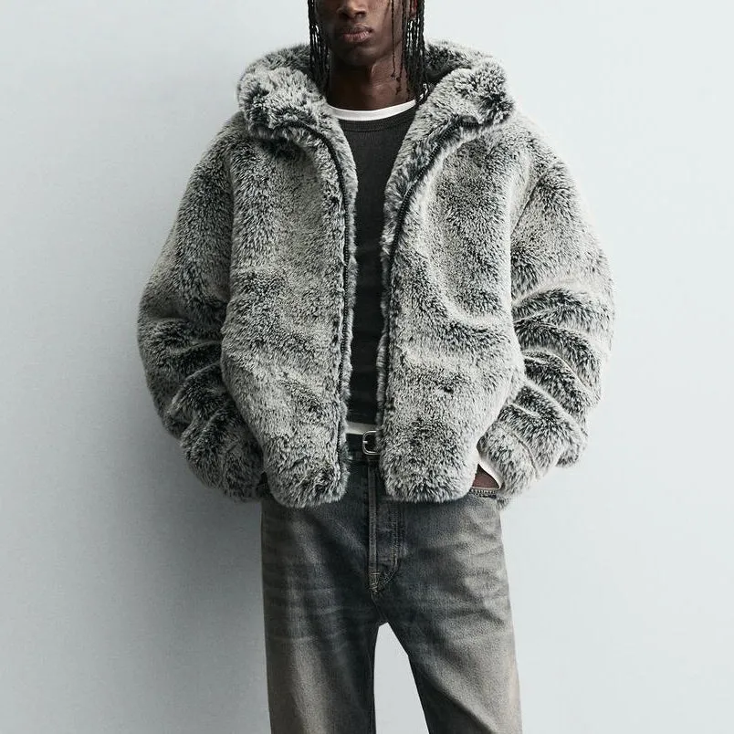 Grey green hooded faux fur jacket coat for men with side pockets and tie-dye pattern