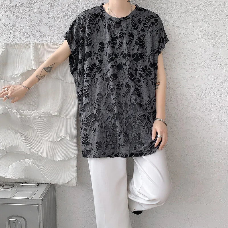 Black ripped beggar sleeveless wide shoulder vest for women, Japanese retro pullover style in polyester fibre, front view.