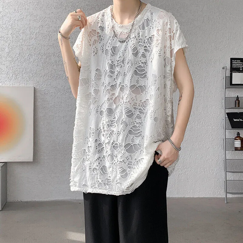 Black ripped beggar sleeveless wide shoulder vest for women, Japanese retro pullover style in polyester fibre, front view.