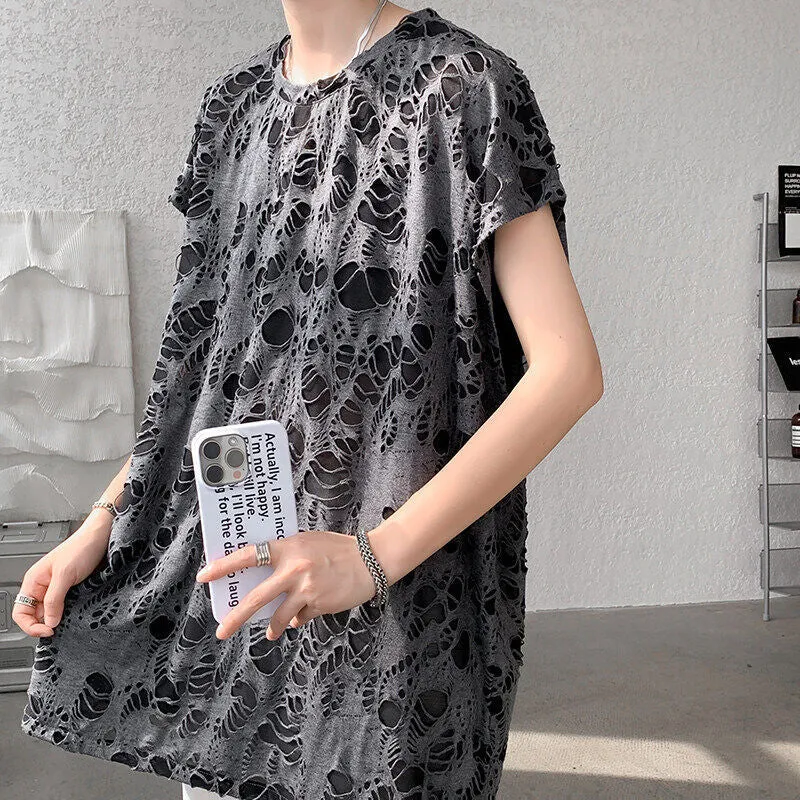 Black ripped beggar sleeveless wide shoulder vest for women, Japanese retro pullover style in polyester fibre, front view.