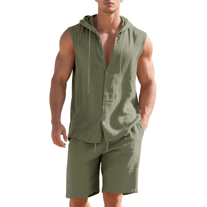 Men's linen sleeveless shirt and shorts suit in light blue, laid flat.