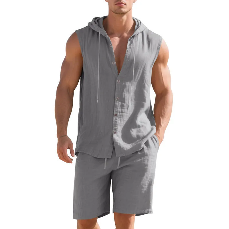 Men's linen sleeveless shirt and shorts suit in light blue, laid flat.