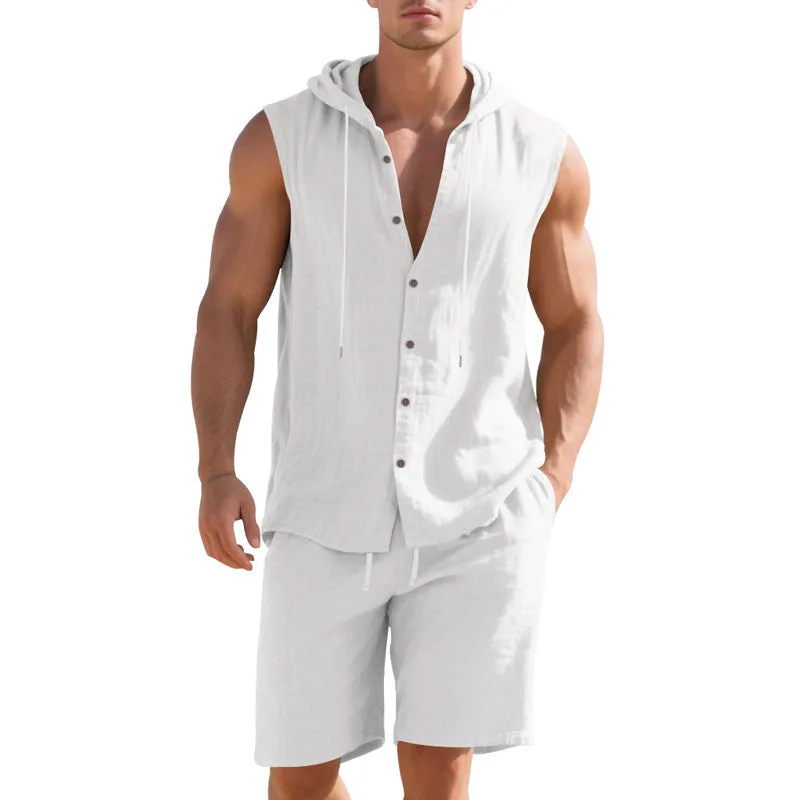 Men's linen sleeveless shirt and shorts suit in light blue, laid flat.