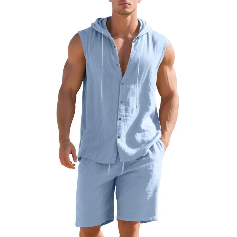 Men's linen sleeveless shirt and shorts suit in light blue, laid flat.