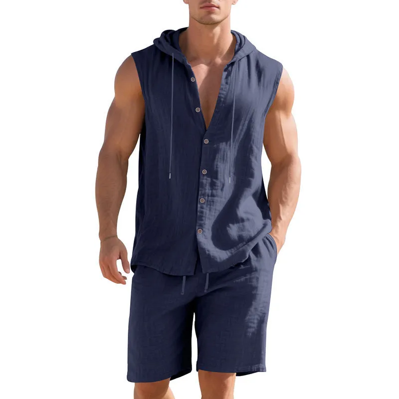Men's linen sleeveless shirt and shorts suit in light blue, laid flat.