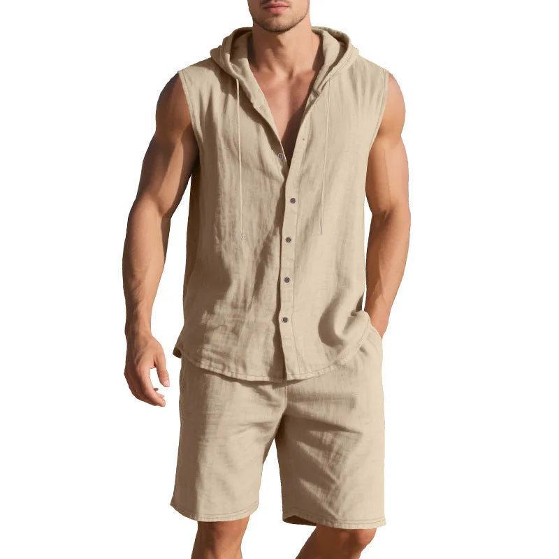Men's linen sleeveless shirt and shorts suit in light blue, laid flat.