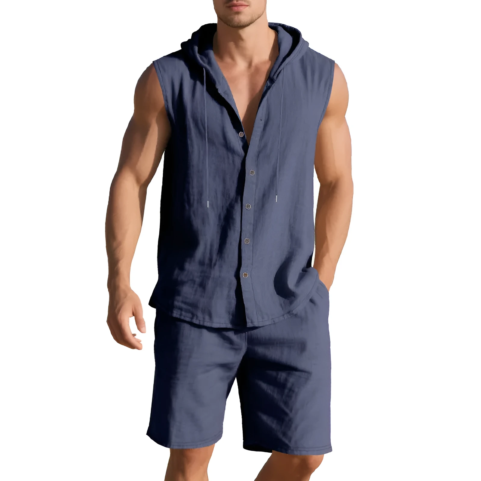 Men's linen sleeveless shirt and shorts suit in light blue, laid flat.