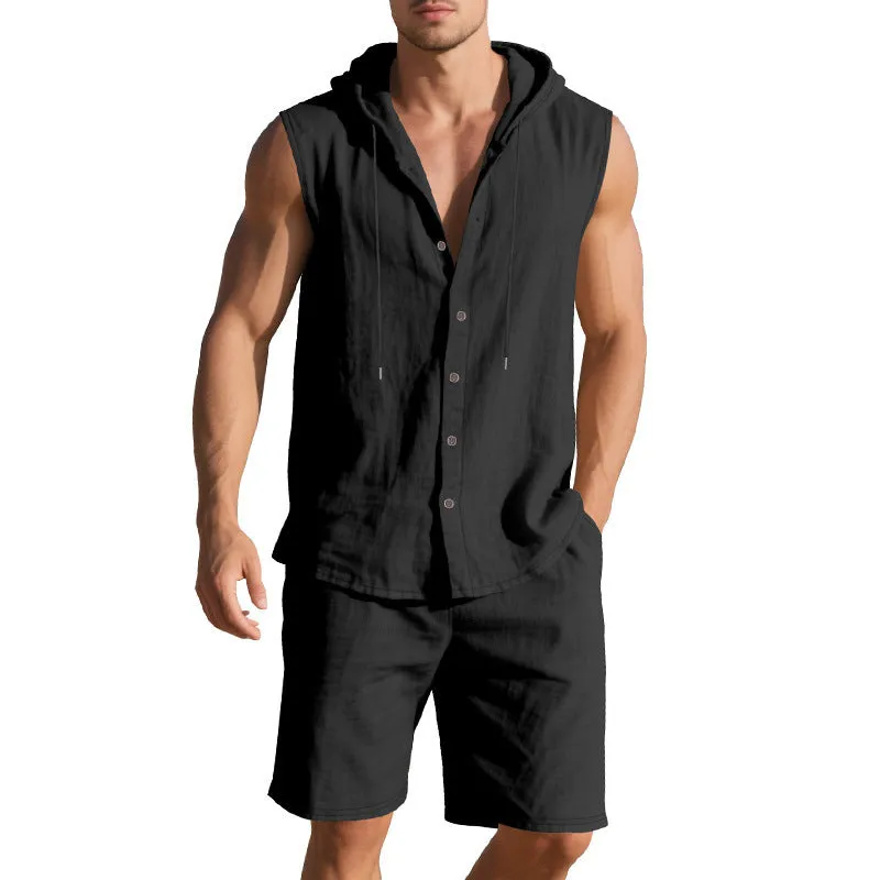 Men's linen sleeveless shirt and shorts suit in light blue, laid flat.