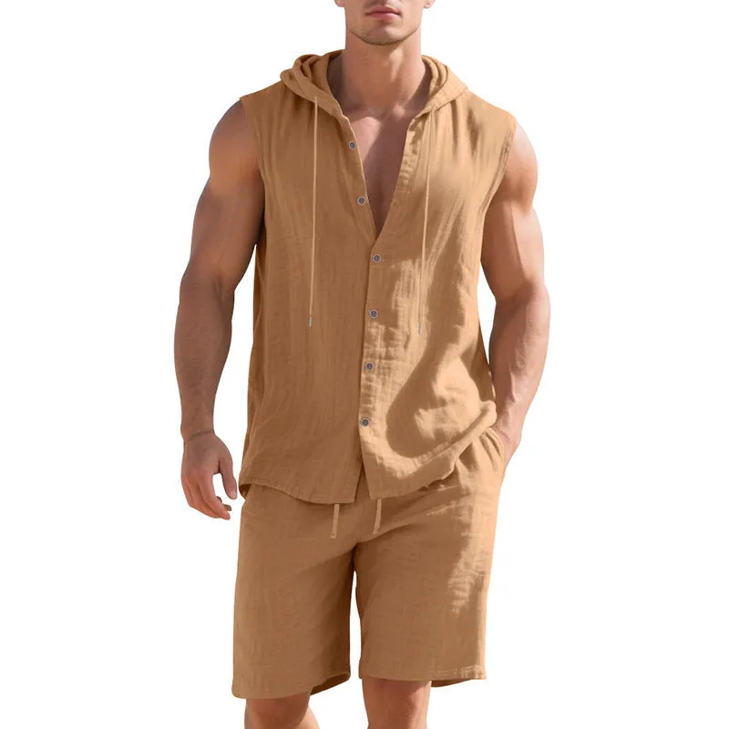 Men's linen sleeveless shirt and shorts suit in light blue, laid flat.