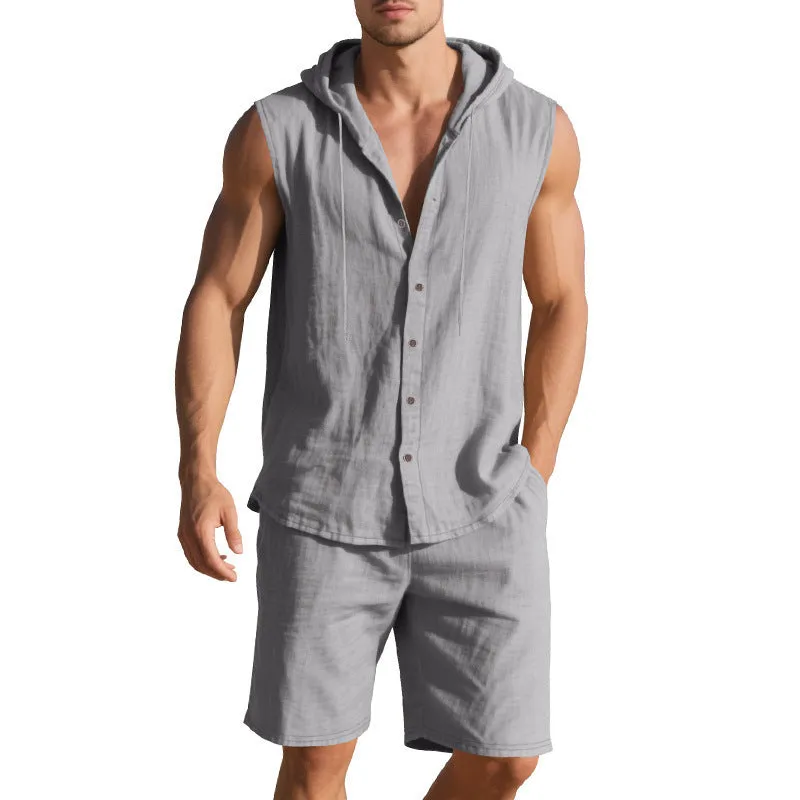 Men's linen sleeveless shirt and shorts suit in light blue, laid flat.