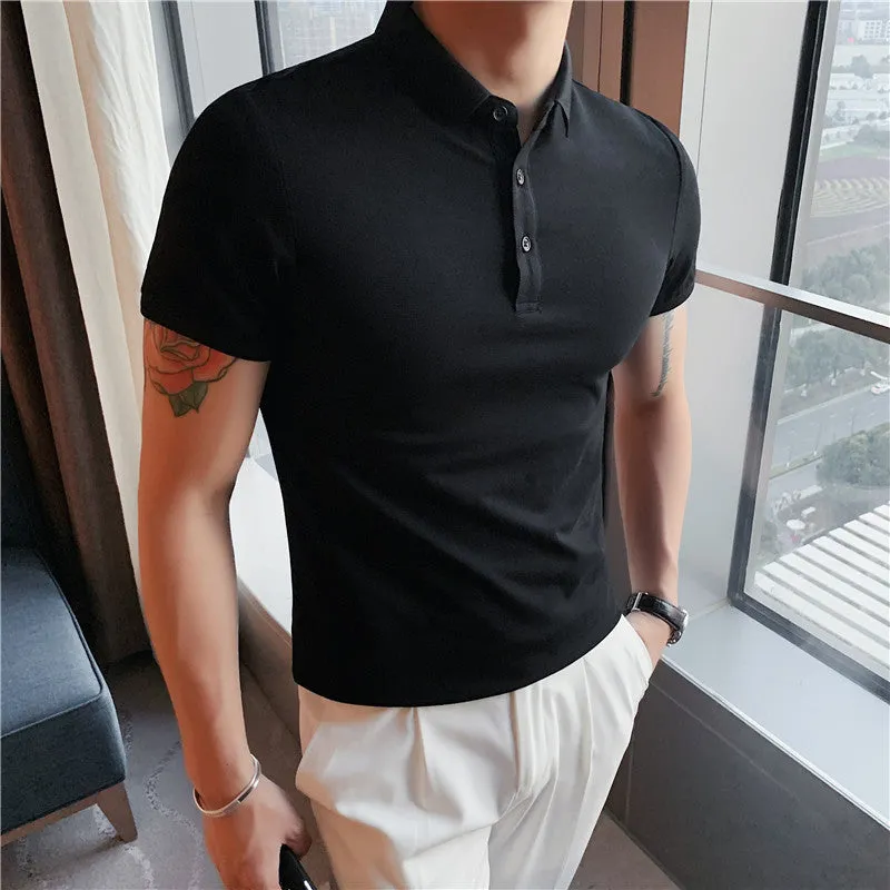 Korean-style tight fit cotton blend polo shirt in apricot colour with short sleeves and lapels