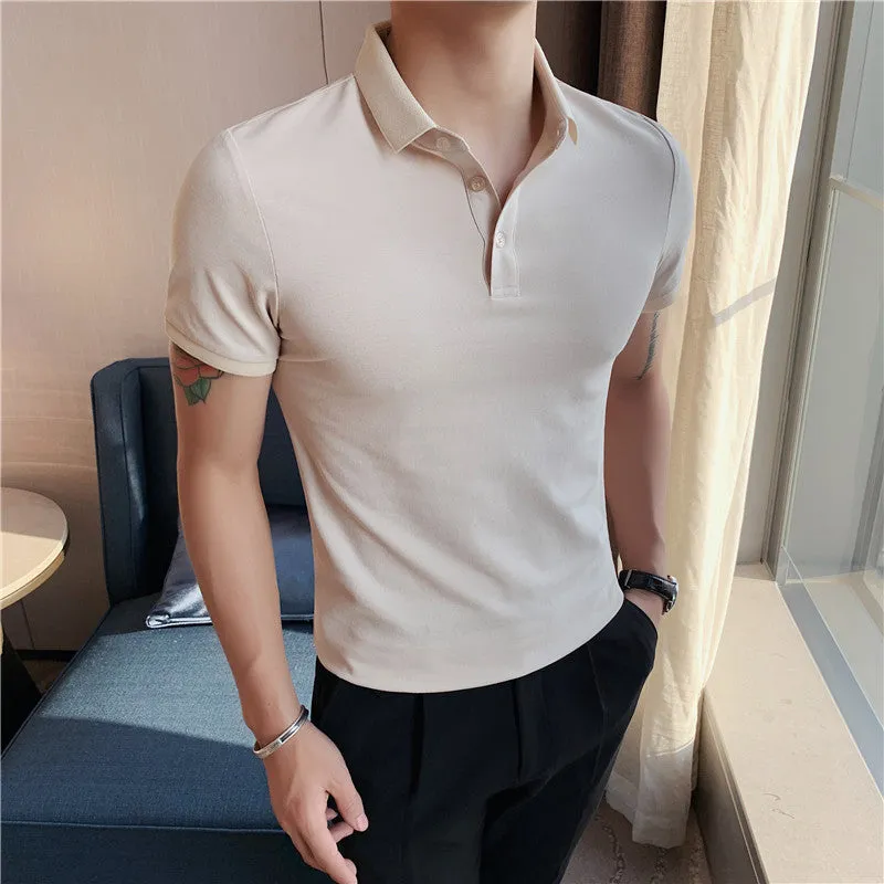 Korean-style tight fit cotton blend polo shirt in apricot colour with short sleeves and lapels