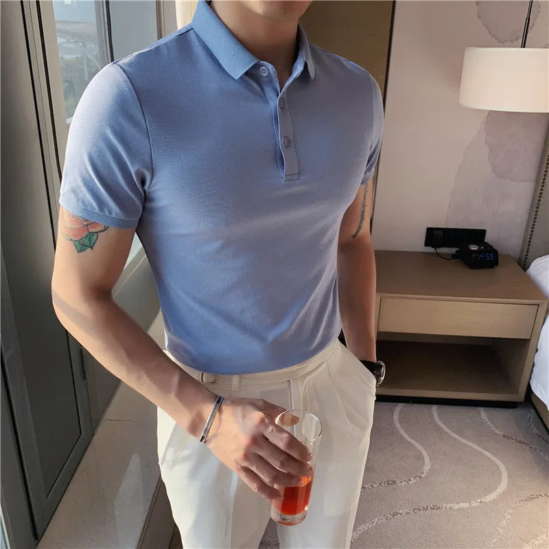 Korean-style tight fit cotton blend polo shirt in apricot colour with short sleeves and lapels