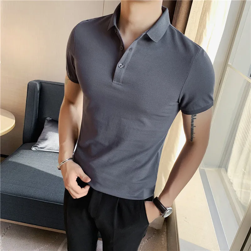 Korean-style tight fit cotton blend polo shirt in apricot colour with short sleeves and lapels