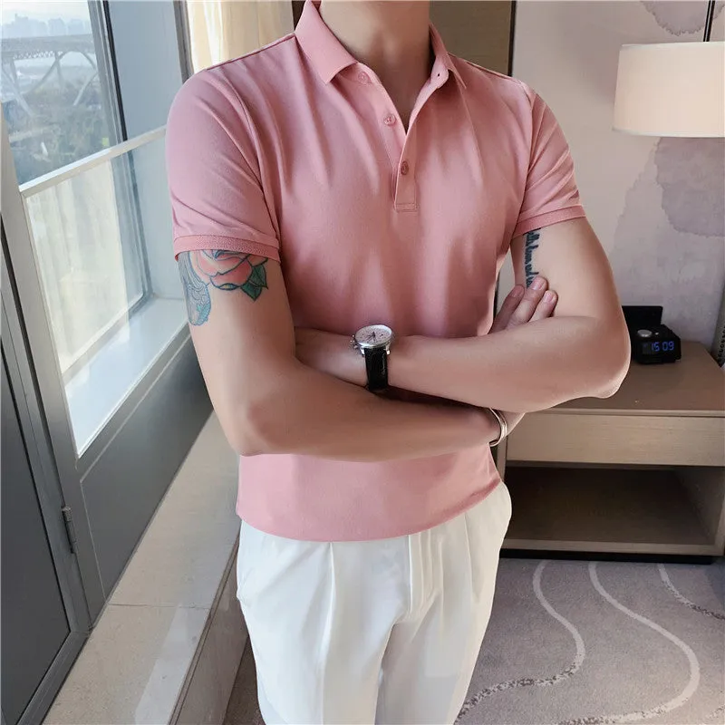Korean-style tight fit cotton blend polo shirt in apricot colour with short sleeves and lapels