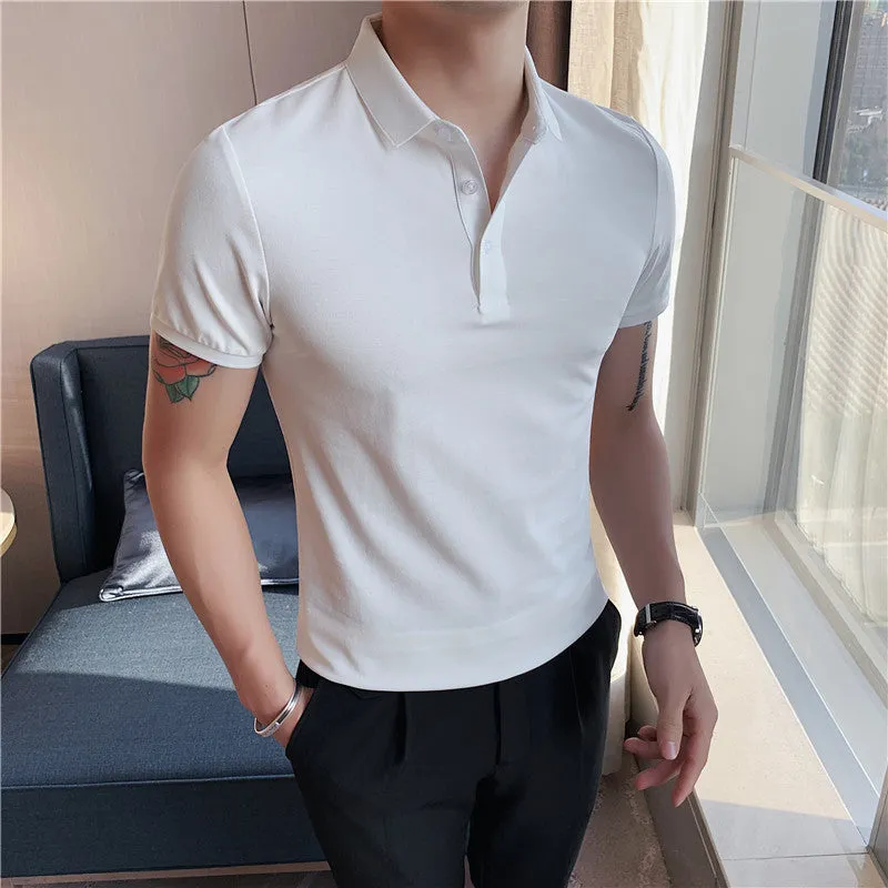 Korean-style tight fit cotton blend polo shirt in apricot colour with short sleeves and lapels