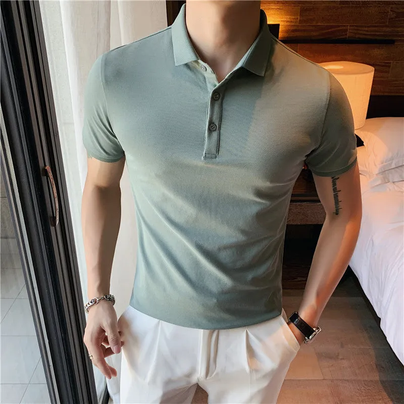 Korean-style tight fit cotton blend polo shirt in apricot colour with short sleeves and lapels