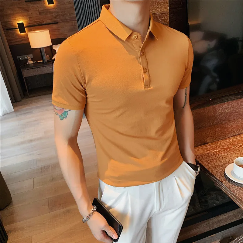 Korean-style tight fit cotton blend polo shirt in apricot colour with short sleeves and lapels