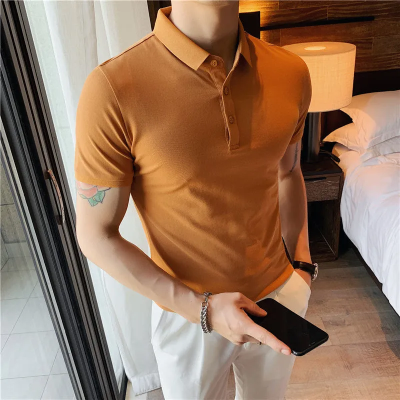 Korean-style tight fit cotton blend polo shirt in apricot colour with short sleeves and lapels