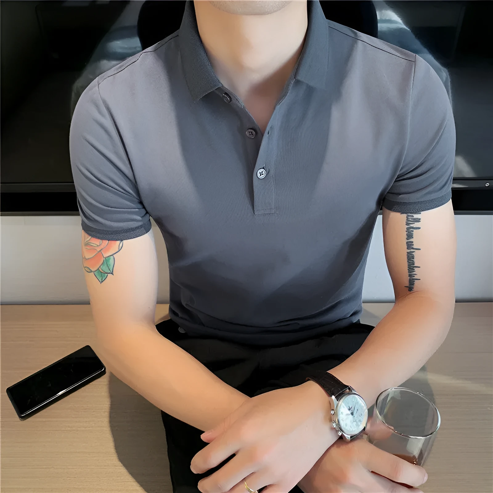Korean-style tight fit cotton blend polo shirt in apricot colour with short sleeves and lapels
