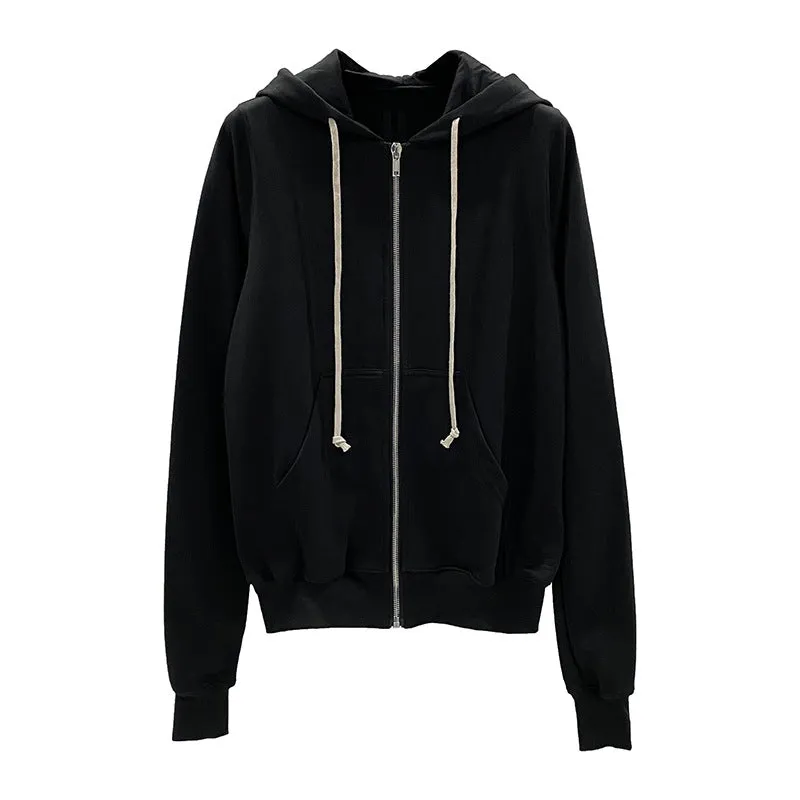 Men's classic black cotton zip-up hooded sweatshirt with loose fit and long sleeves