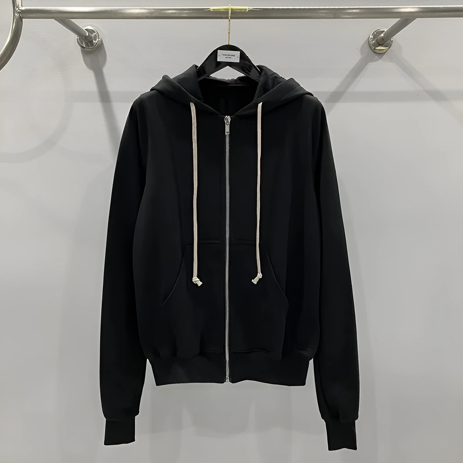 Men's classic black cotton zip-up hooded sweatshirt with loose fit and long sleeves